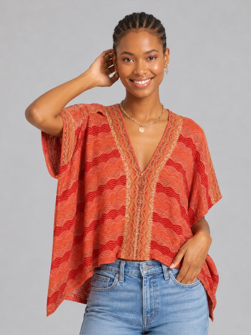 Women's Orange Patterned Kimono Top - Unbranded